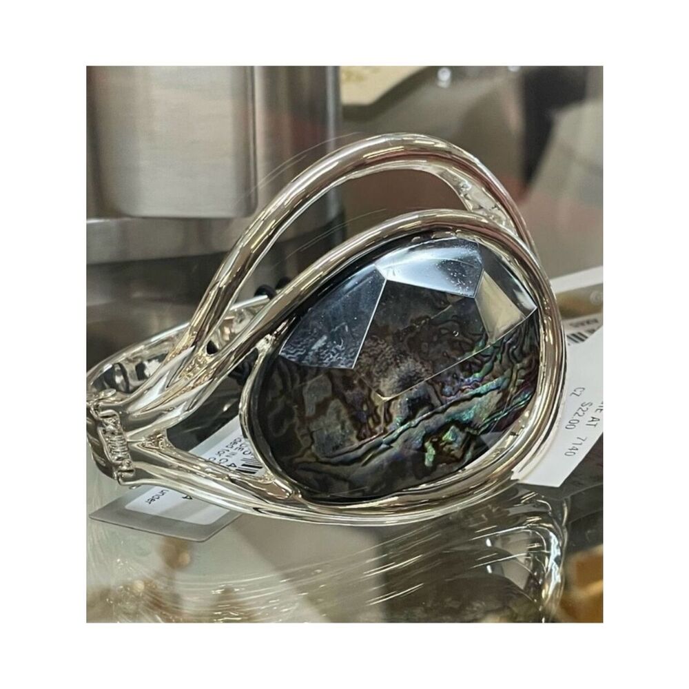 NWT Robert Lee Morris Gorgeous Silver Abalone Stone Hinged Bangle Cuff Bracelet
